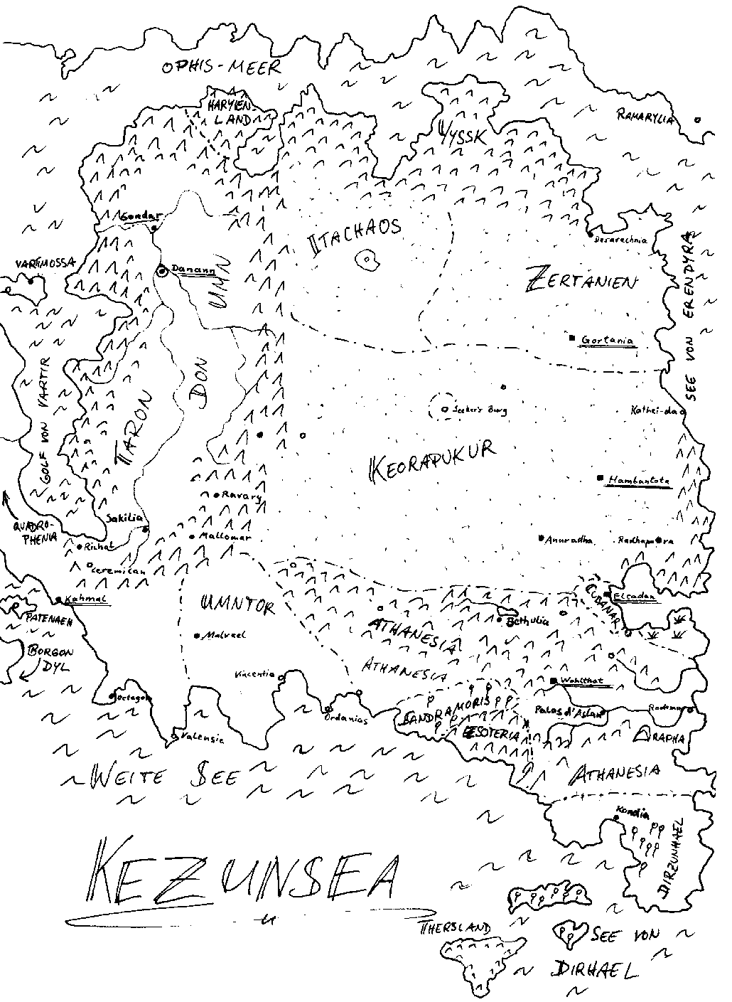 Der Subkontinent Kezunsea (KEorapukur, ZUN die W�ste des Schnellen Todes, SEekers-bereich und Athanesia. - Zur�ck zur Karcanon-�bersicht geht es hier mit einem Klick